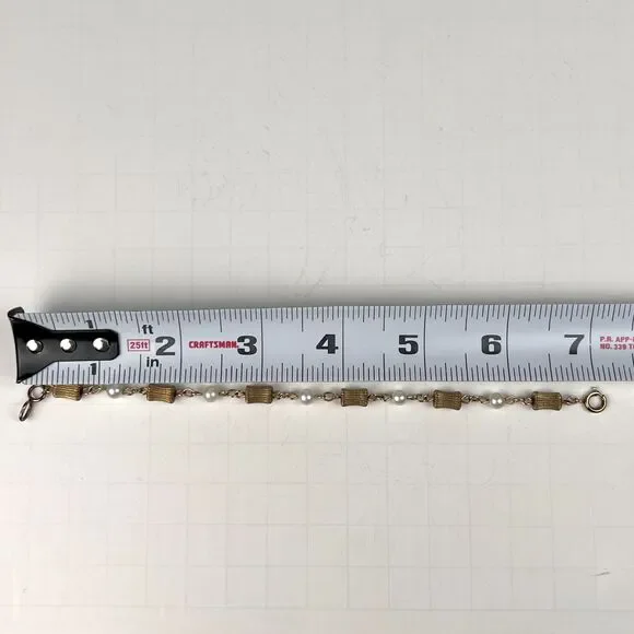 Vintage 7" 20-12K Gold GF 5 Cultured Pearls Gold Ribbed Tubes Bracelet - Picture 3 of 6